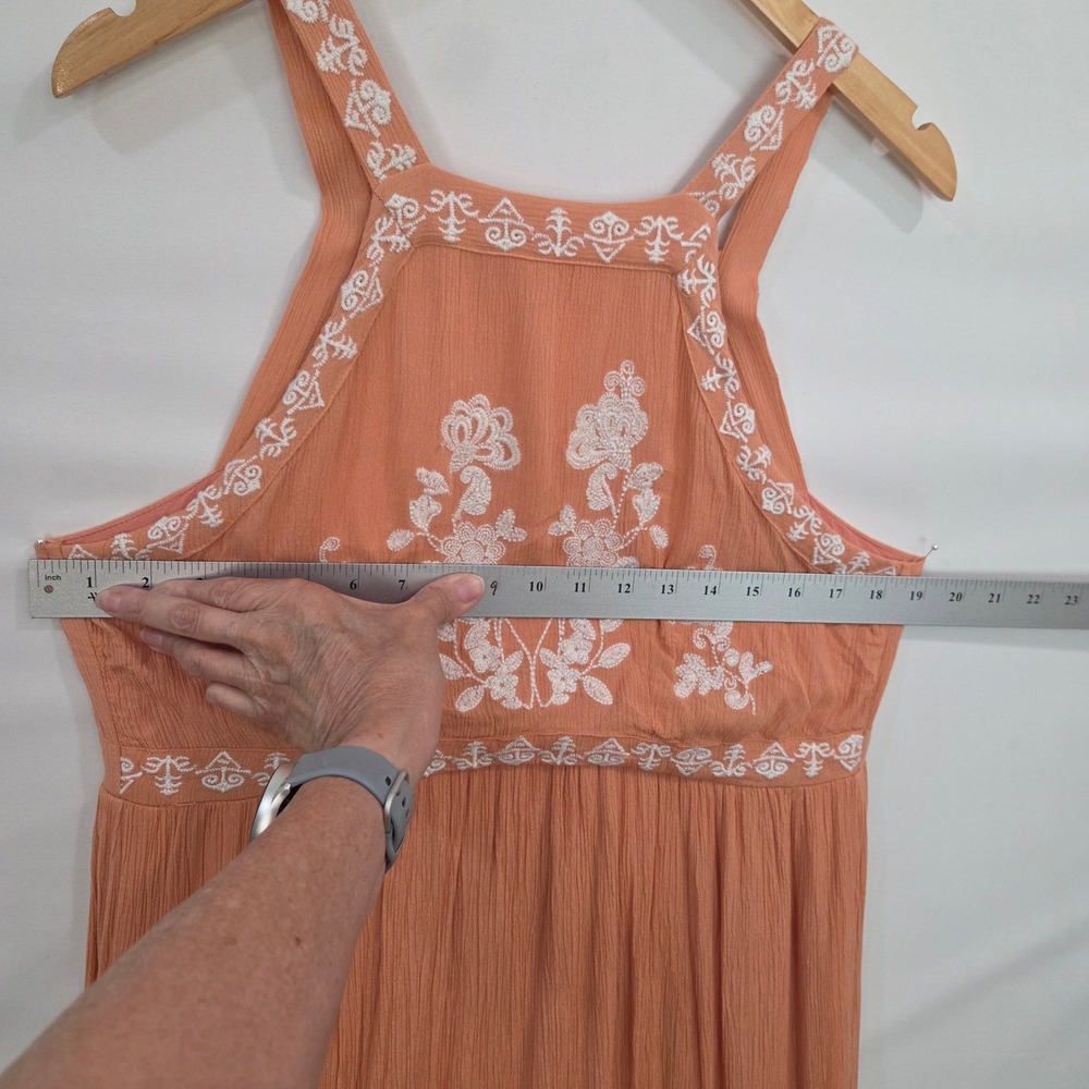 En Creme Orange Rayon Maxi Dress Large Embroidered Floral Halter Boho Summer - Picture 14 of 16